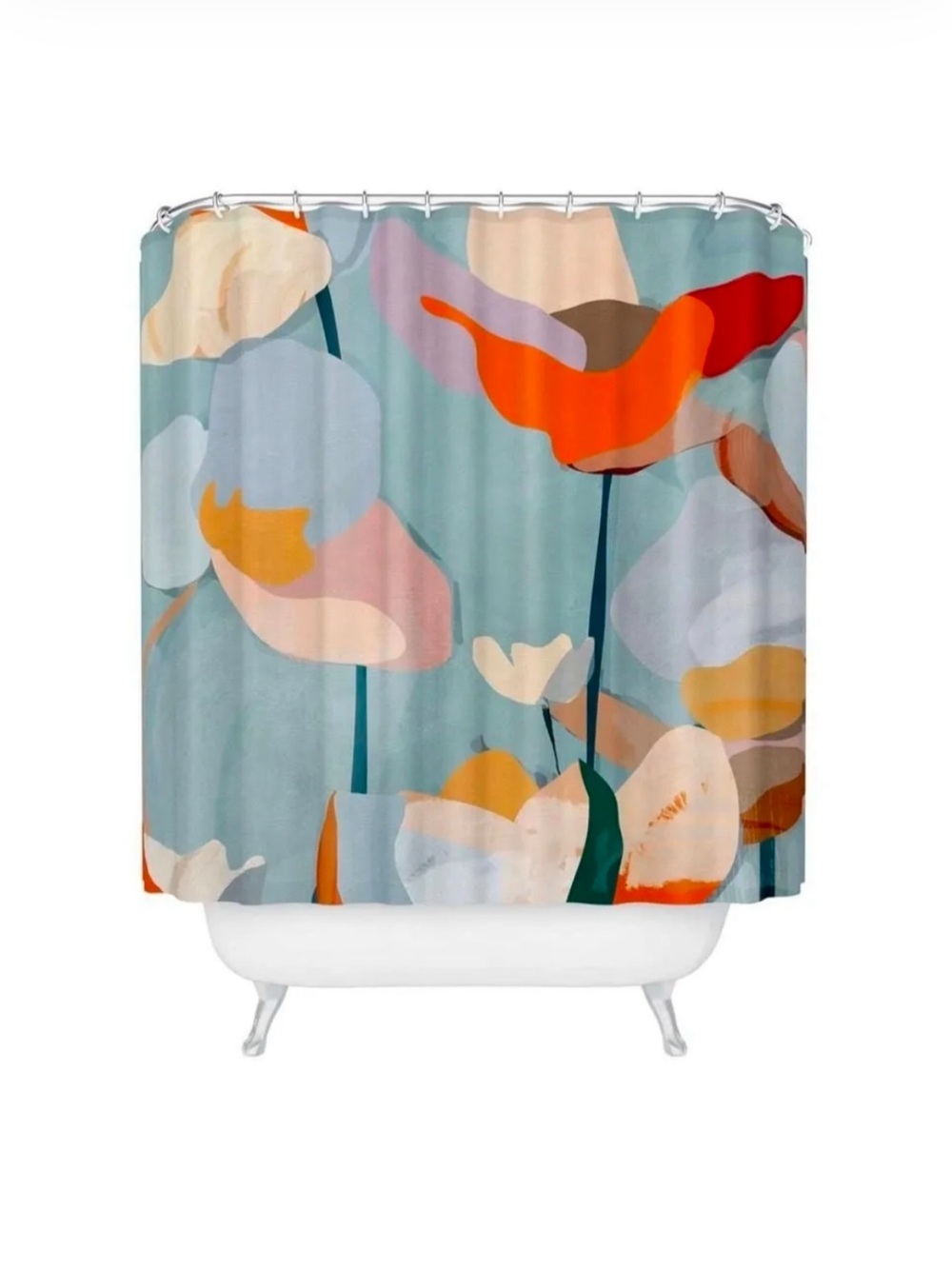 Society6 Abstract Floral Shower Curtain in Blue, Orange, Cream. 68” x 72”